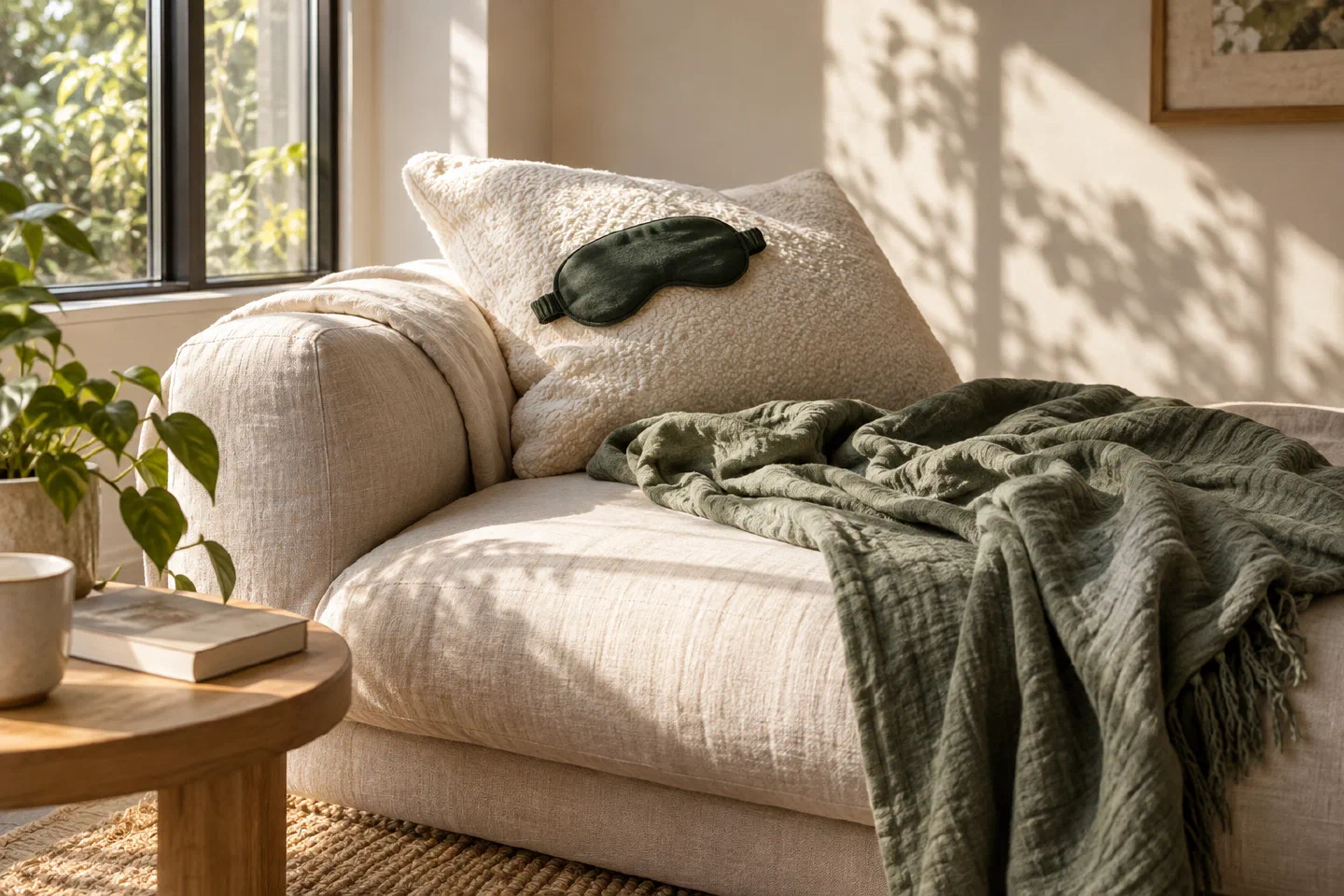 Sunlight falls on a soft couch, a green blanket, and an unbranded sleep mask.
